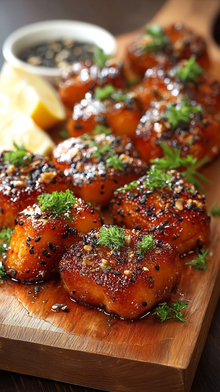 Golden brown crispy salmon bites tossed in a sticky honey garlic glaze on a white plate