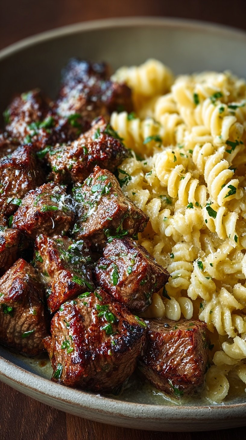 Golden seared steak cubes over creamy fettuccine pasta with fresh parsley garnish