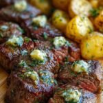Sizzling garlic butter steak bites and crispy gold potatoes in a cast iron skillet garnished with fresh parsley