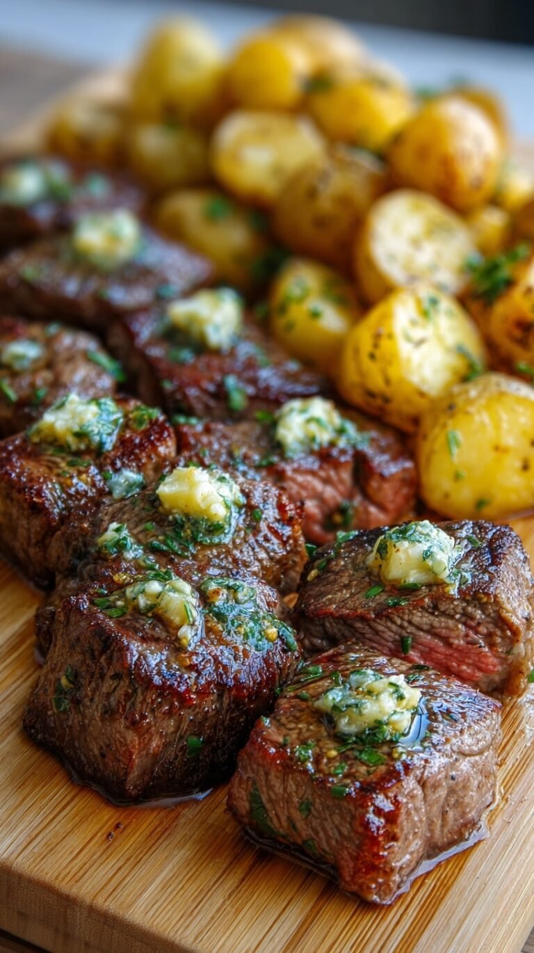 Sizzling garlic butter steak bites and crispy gold potatoes in a cast iron skillet garnished with fresh parsley