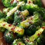 Crispy roasted broccoli florets topped with melted parmesan cheese and fresh garlic on a baking sheet.