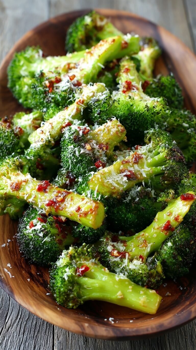 Crispy roasted broccoli florets topped with melted parmesan cheese and fresh garlic on a baking sheet.