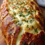A golden brown loaf of Italian bread filled with saucy spaghetti and melted mozzarella cheese.