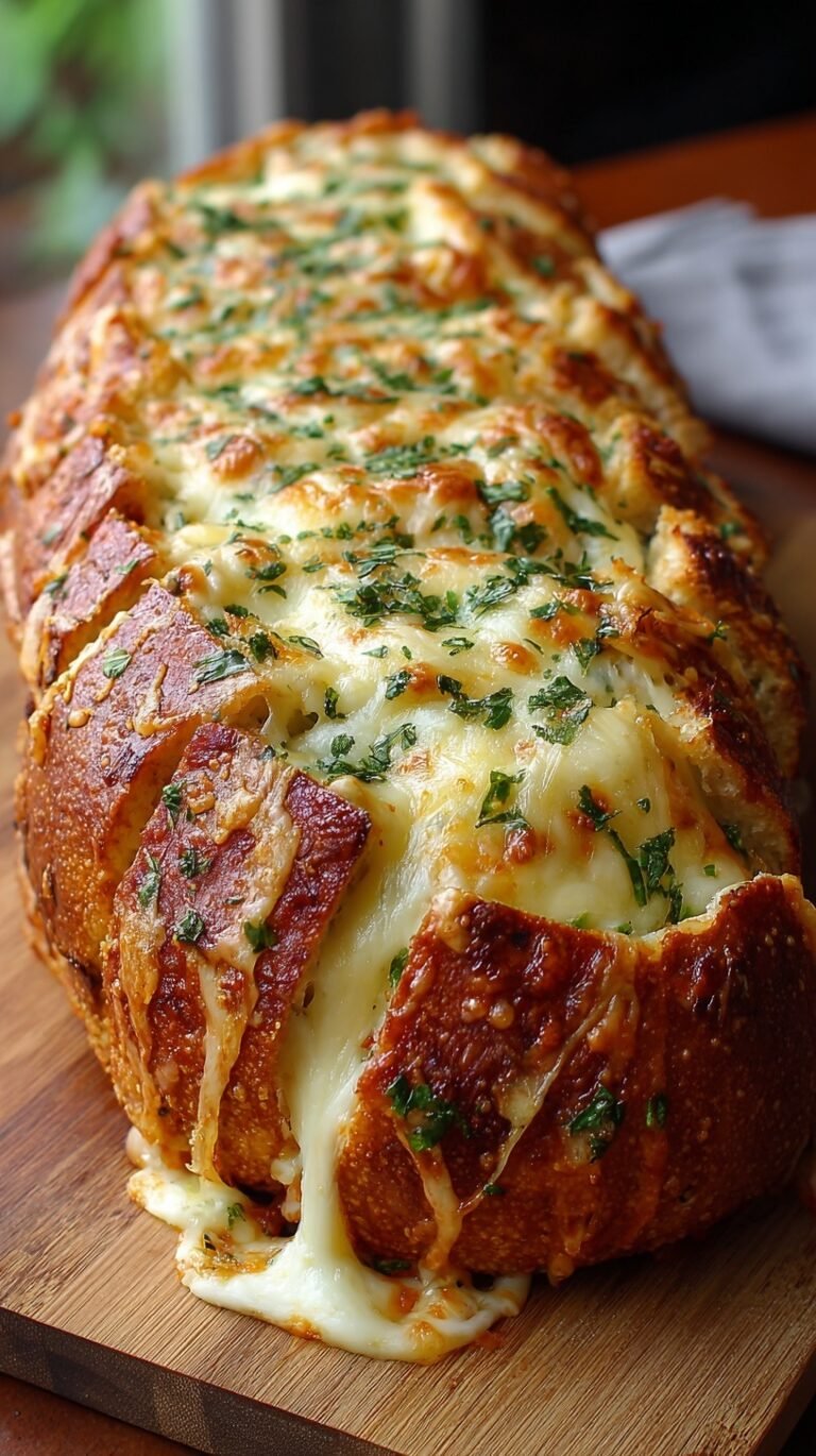 A golden brown loaf of Italian bread filled with saucy spaghetti and melted mozzarella cheese.