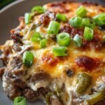 A bubbling Philly cheesesteak casserole with melted provolone cheese and green peppers in a baking dish.