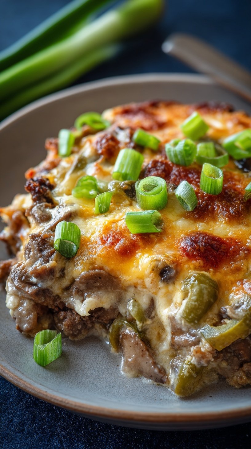 A bubbling Philly cheesesteak casserole with melted provolone cheese and green peppers in a baking dish.