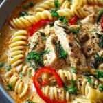 A bowl of creamy Cajun chicken pasta soup with penne and red peppers garnished with parsley