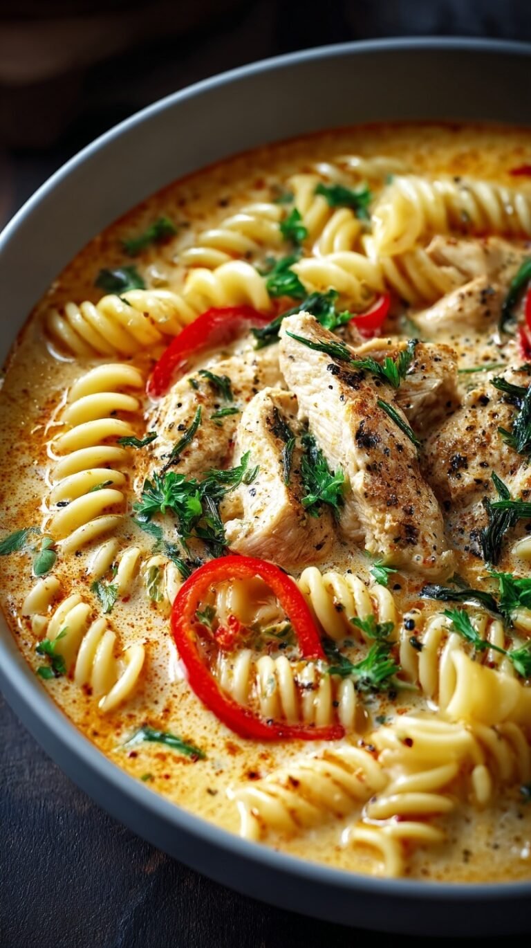 A bowl of creamy Cajun chicken pasta soup with penne and red peppers garnished with parsley