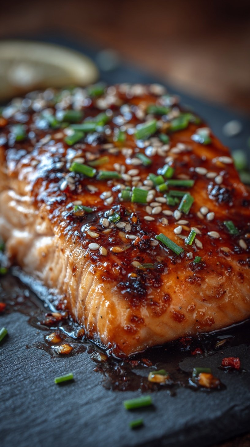 A glossy, dark honey garlic soy salmon glaze being brushed onto a fresh salmon fillet
