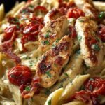 A skillet of creamy pasta with golden chicken pieces, sun-dried tomatoes, and fresh basil garnish.