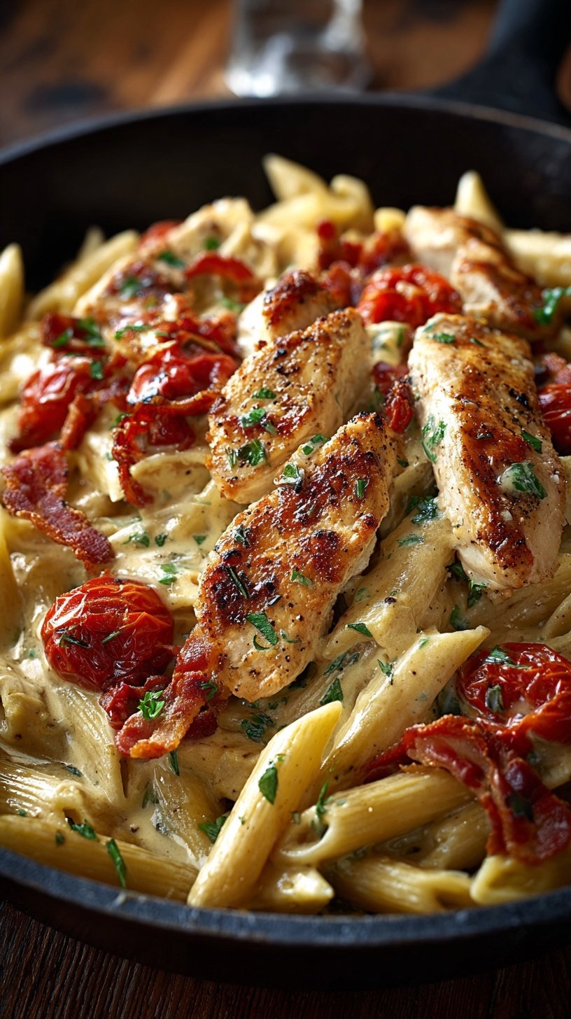 A skillet of creamy pasta with golden chicken pieces, sun-dried tomatoes, and fresh basil garnish.