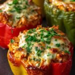 Halved bell peppers filled with creamy buffalo chicken and melted cheddar cheese