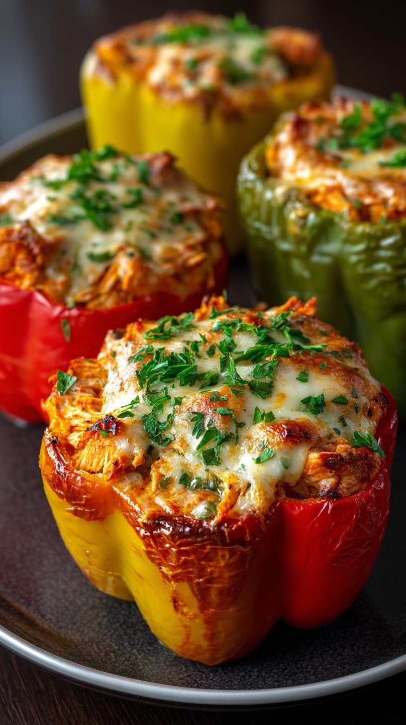 Halved bell peppers filled with creamy buffalo chicken and melted cheddar cheese