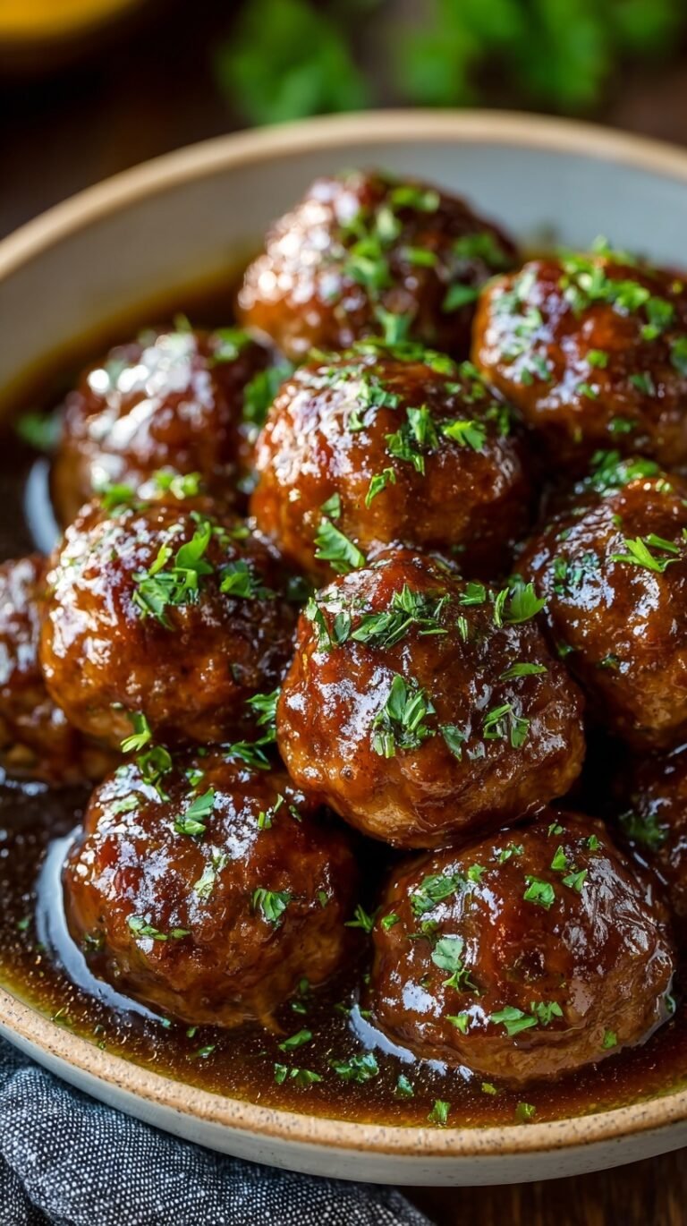 Slow cooker filled with beef meatballs, sliced mushrooms, and onions in a thick brown gravy.