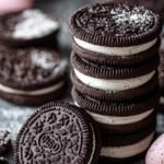 White chocolate covered Oreo cookies decorated with pastel sprinkles and mini candy eggs on a baking sheet