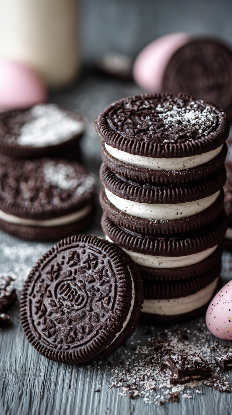 White chocolate covered Oreo cookies decorated with pastel sprinkles and mini candy eggs on a baking sheet