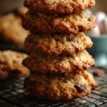 A stack of chewy oatmeal cookies with pastel chocolate candies and white chocolate chips on a white plate.