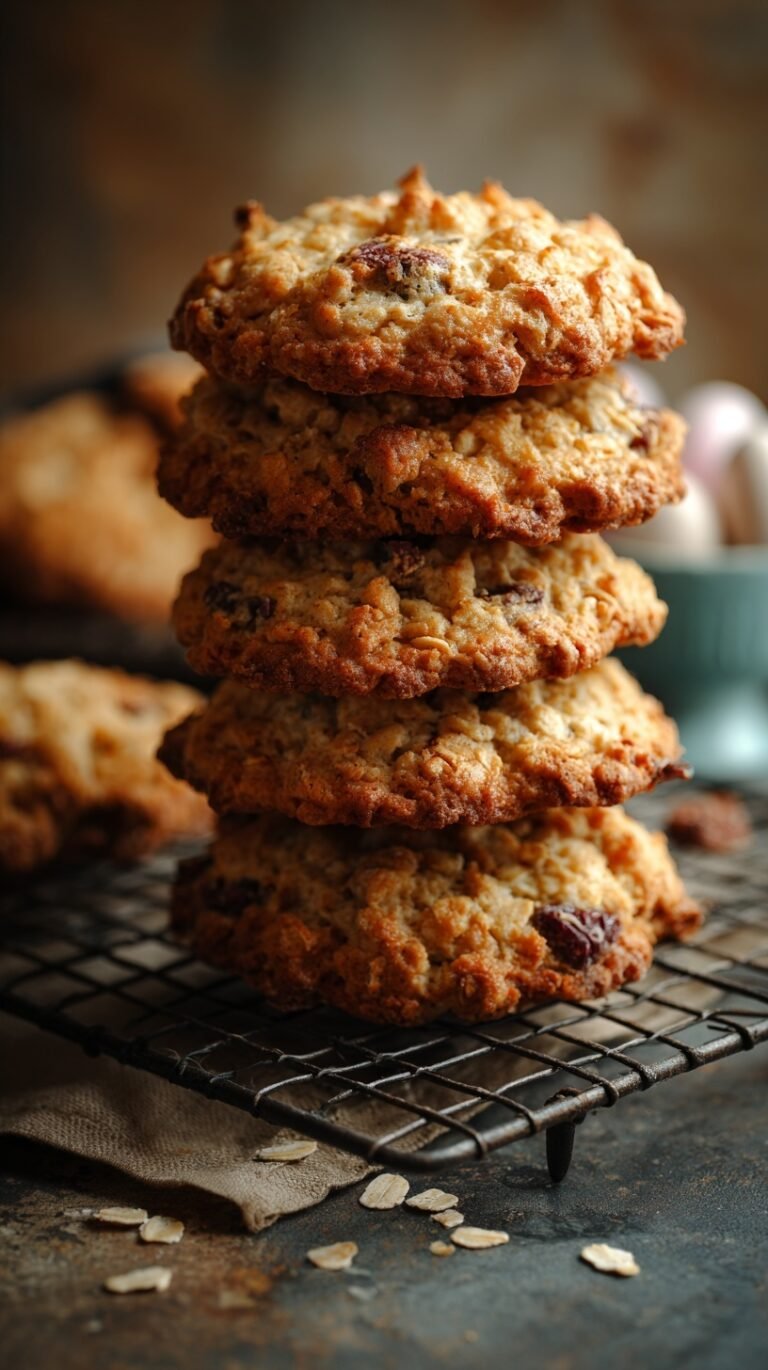 A stack of chewy oatmeal cookies with pastel chocolate candies and white chocolate chips on a white plate.