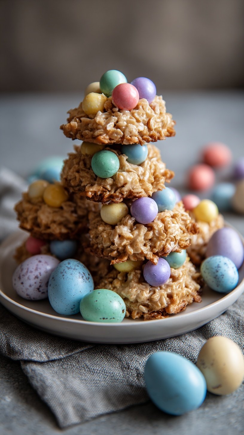 Chocolate peanut butter bird's nest cookies topped with colorful candy eggs on a baking sheet.