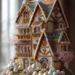 A festive gingerbread house decorated with pastel candies and green coconut grass for Easter.