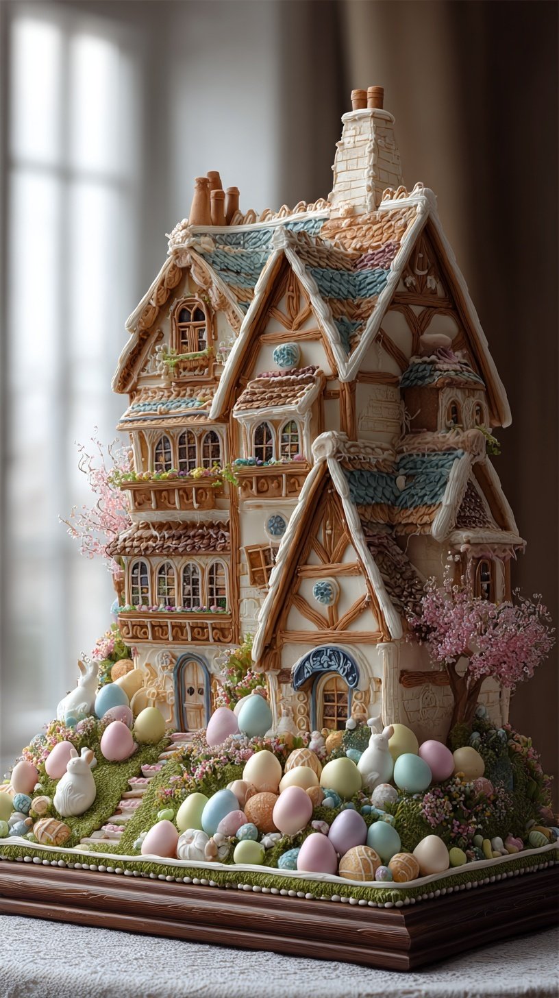 A festive gingerbread house decorated with pastel candies and green coconut grass for Easter.