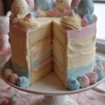 A three-layer vanilla cake decorated with pastel frosting and mini chocolate eggs, sliced to reveal pink candies spilling out.