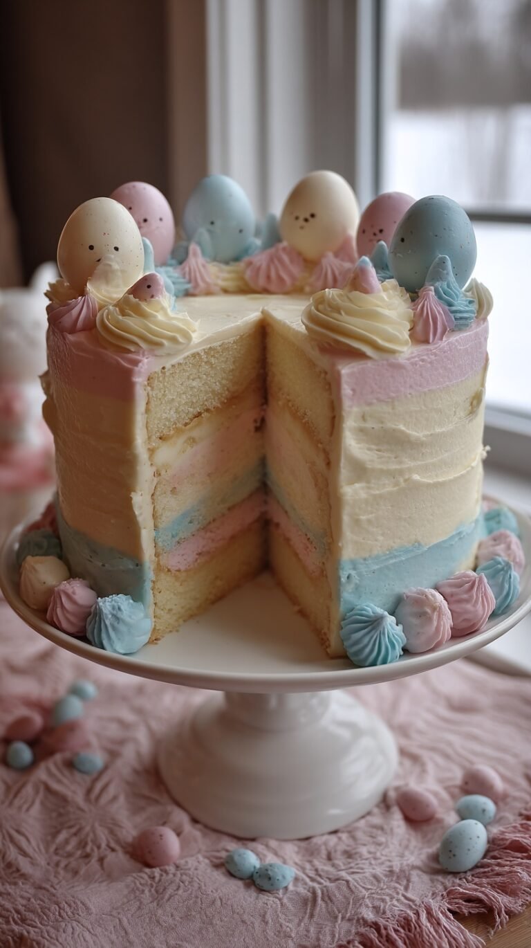 A three-layer vanilla cake decorated with pastel frosting and mini chocolate eggs, sliced to reveal pink candies spilling out.