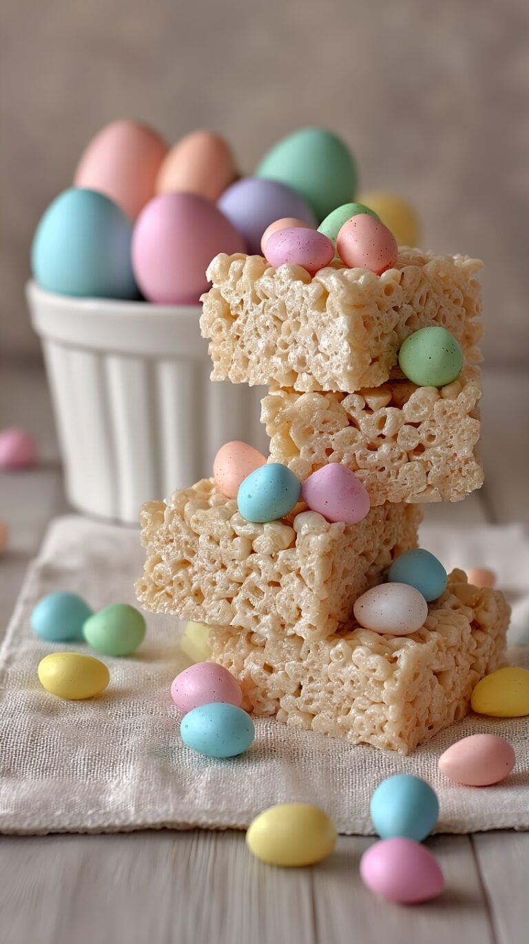 Square cut Easter rice krispie treats with pastel sprinkles and mini chocolate eggs on a white plate.