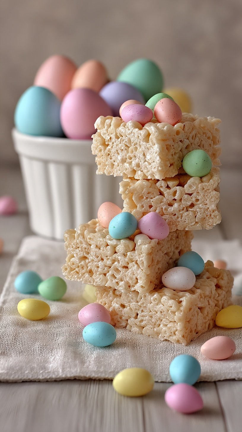 Square cut Easter rice krispie treats with pastel sprinkles and mini chocolate eggs on a white plate.