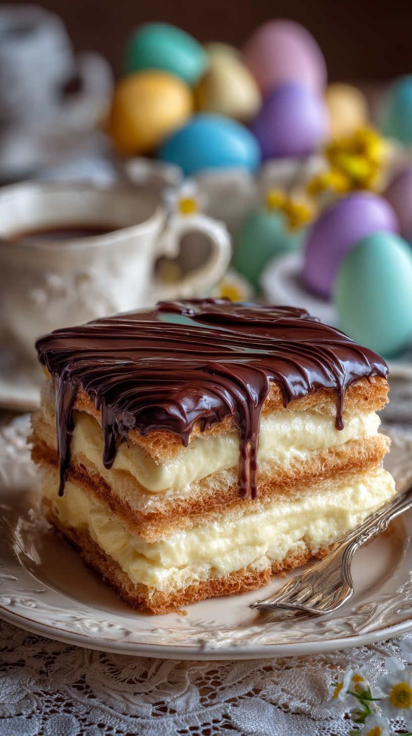 A rectangular baking dish filled with a layered graham cracker and pudding dessert topped with chocolate frosting, pastel sprinkles, and candy eggs.