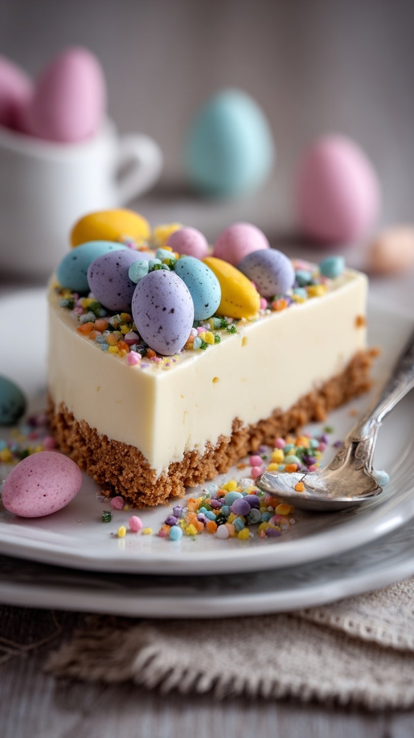 A creamy vanilla cheesecake in a springform pan topped with whipped cream dollops and pastel mini chocolate eggs.