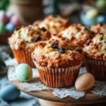 Golden brown spiced muffins topped with toasted marzipan discs on a cooling rack