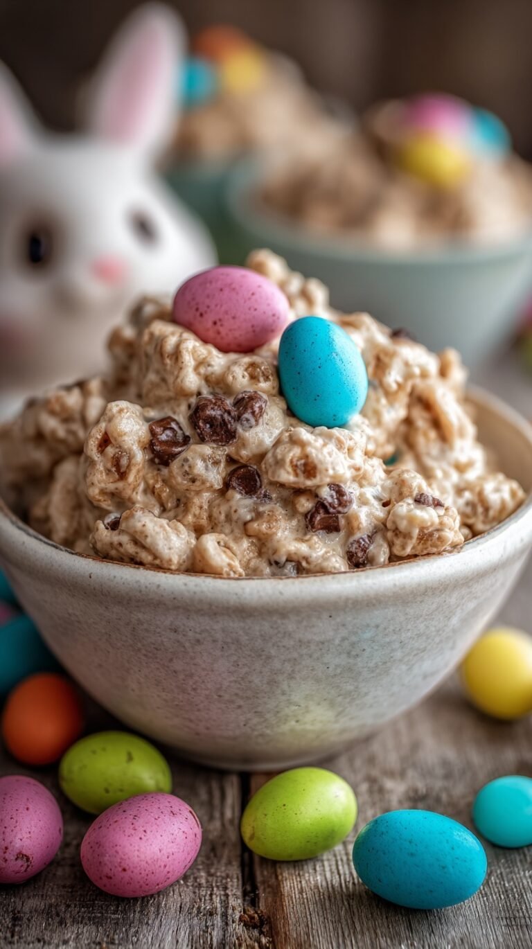A bowl of pastel Easter Muddy Buddies with white chocolate and sprinkles