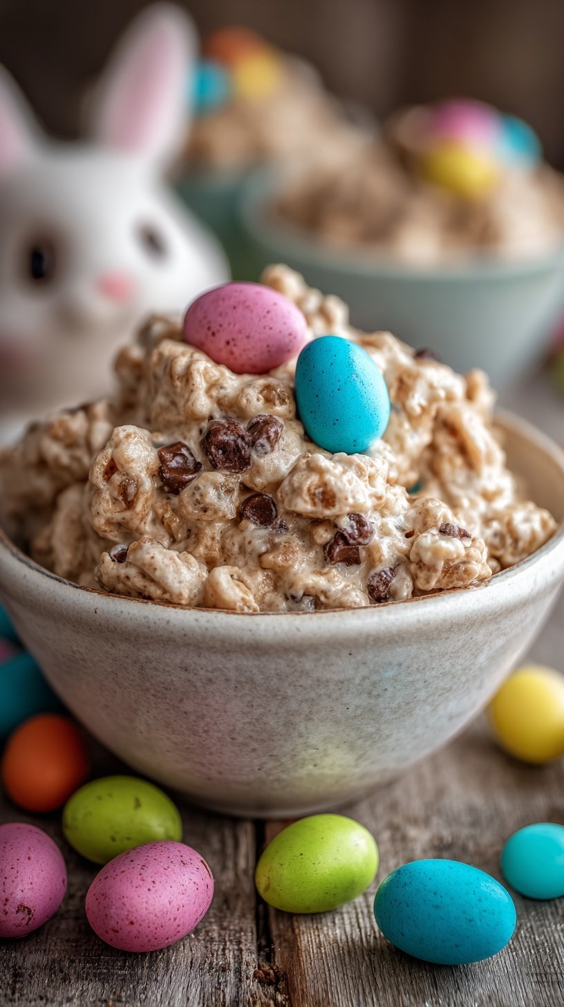 A bowl of pastel Easter Muddy Buddies with white chocolate and sprinkles