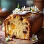 A beautiful lemon poppy seed loaf cake topped with white glaze and colorful chocolate Easter eggs on a white plate.
