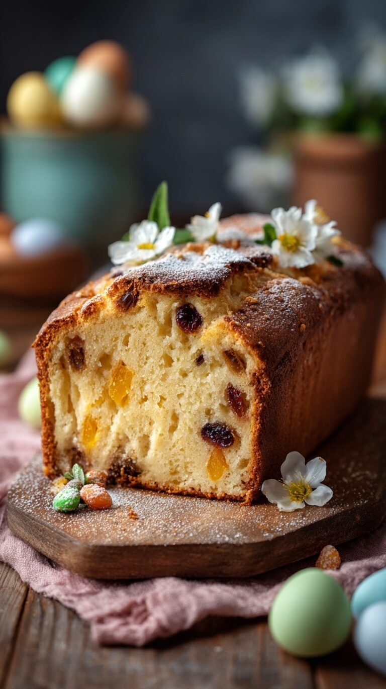 A beautiful lemon poppy seed loaf cake topped with white glaze and colorful chocolate Easter eggs on a white plate.