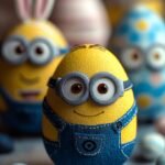 Bright yellow and blue dyed hard-boiled eggs decorated to look like Minion characters with silver goggles and candy eyes.