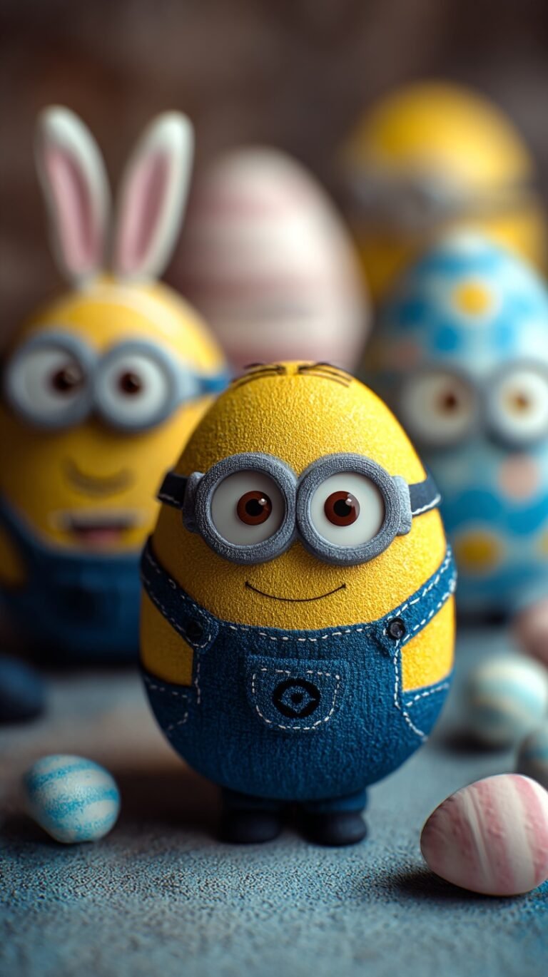Bright yellow and blue dyed hard-boiled eggs decorated to look like Minion characters with silver goggles and candy eyes.