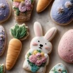 Decorated Easter sugar cookies in shapes of bunnies and eggs on a white platter