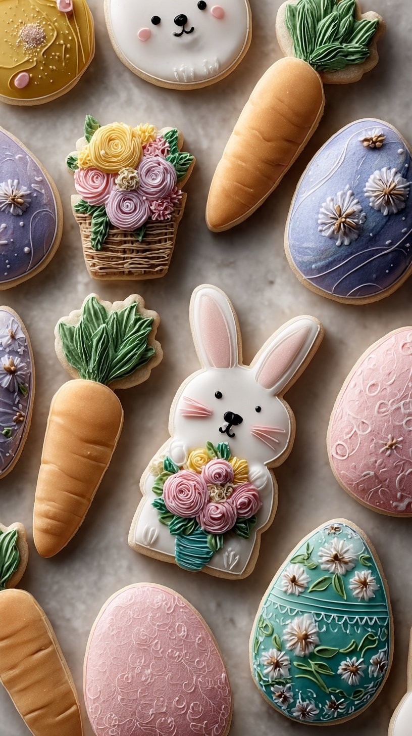 Decorated Easter sugar cookies in shapes of bunnies and eggs on a white platter