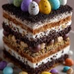 A festive Easter dirt cake in a 9x13 dish topped with marshmallow peeps, chocolate eggs, and crushed cookie crumbs.