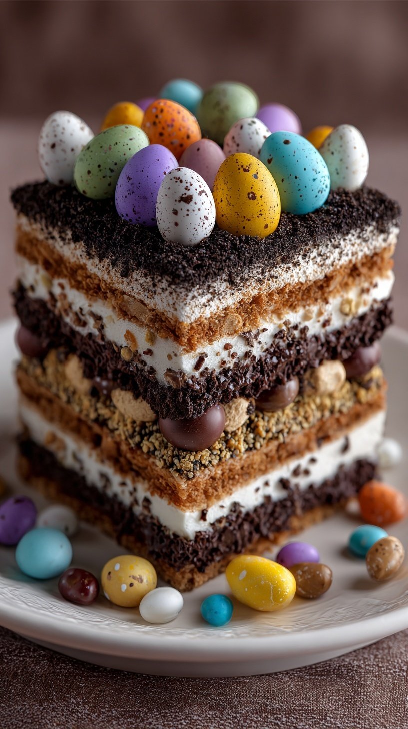 A festive Easter dirt cake in a 9x13 dish topped with marshmallow peeps, chocolate eggs, and crushed cookie crumbs.