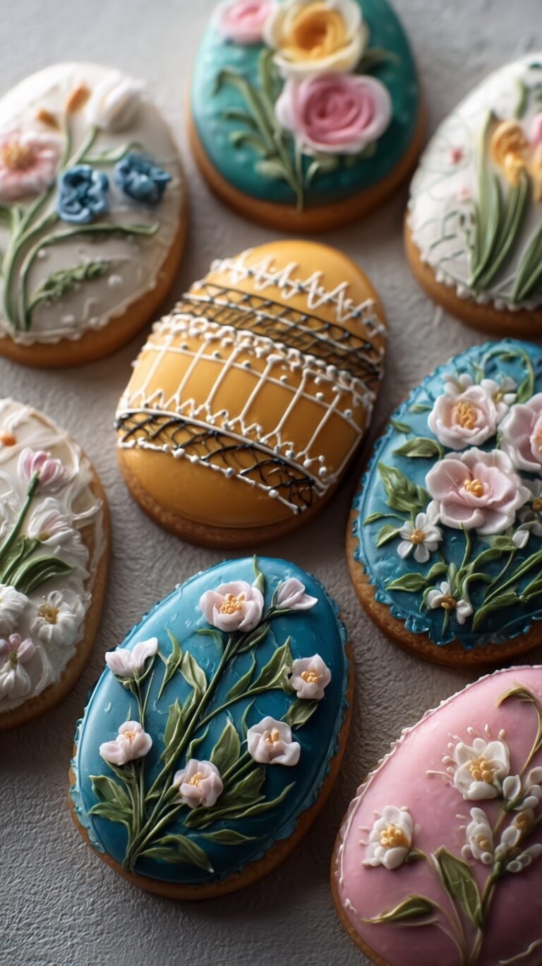 Colorful Easter cookies shaped like eggs and bunnies decorated with bright royal icing.