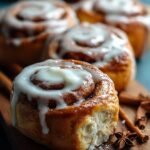 A tray of soft Easter cinnamon rolls topped with pink and yellow pastel cream cheese frosting.