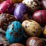 Shiny dark chocolate Easter eggs with white chocolate decorations on a spring-themed table