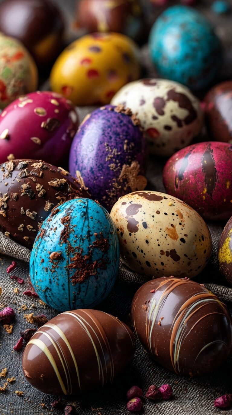 Shiny dark chocolate Easter eggs with white chocolate decorations on a spring-themed table