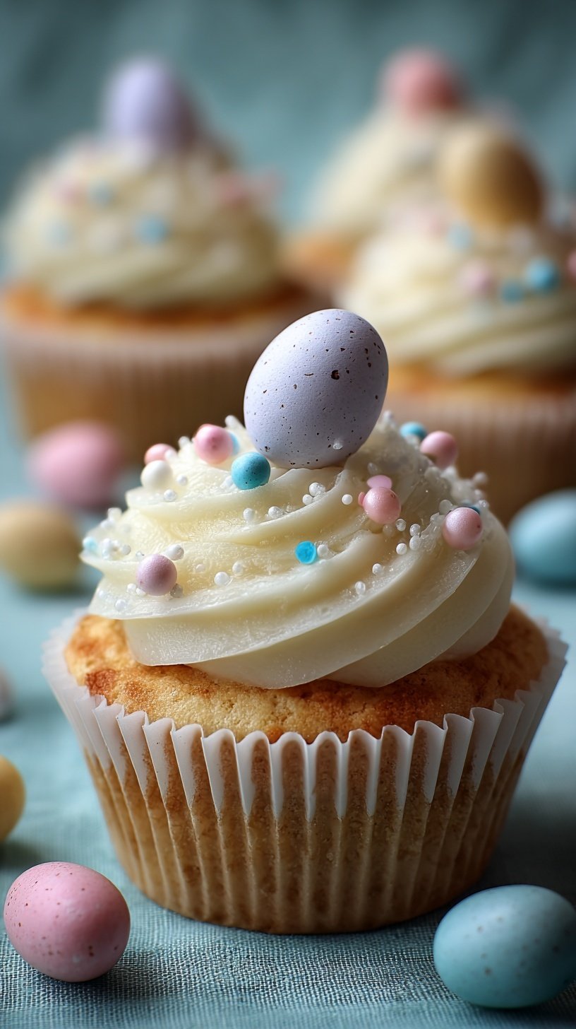 Vanilla cupcakes topped with chocolate frosting nests and colorful malted egg candies