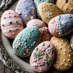 Decorated Easter sugar cookies in pastel colors on a wire rack