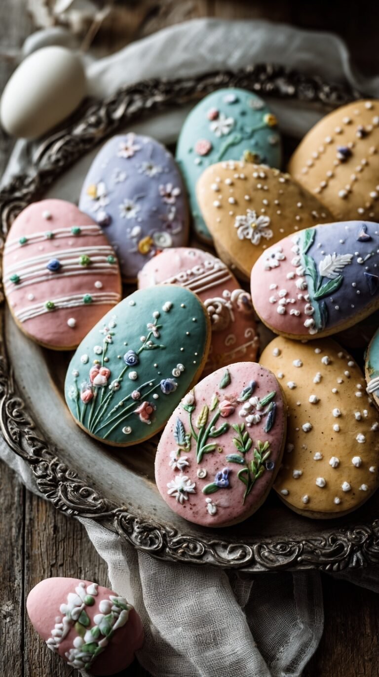 Decorated Easter sugar cookies in pastel colors on a wire rack