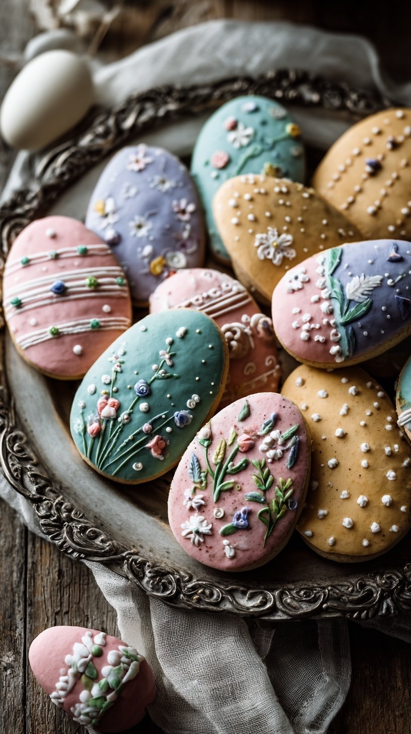 Decorated Easter sugar cookies in pastel colors on a wire rack